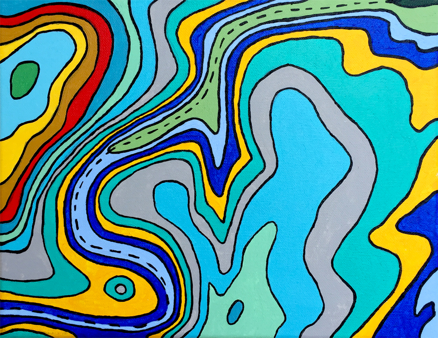"Topo Study #2", 11"x14", Acrylic On Canvas. This is a more detailed view of the area of the Greenbelt that stretches from The Flats to Barton Springs Pool, where I spend most of my time hiking. I'll post a photo of the larger Topo painting after its debut at the Verge show this weekend.