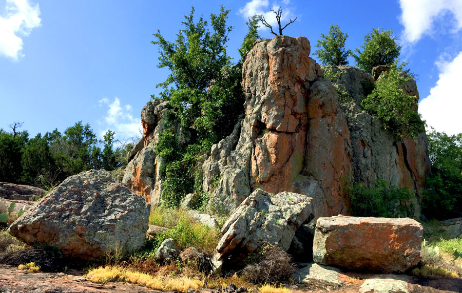Ancient rocks splattered with lichen.