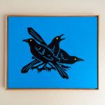 Painting of three grackles against a blue background.