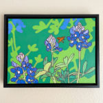 Acrylic painting of a bee hovering near bluebonnet wildflowers.