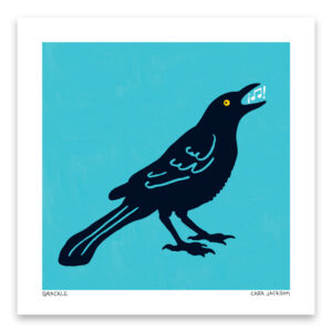 Black bird with teal background and music notes in beak.