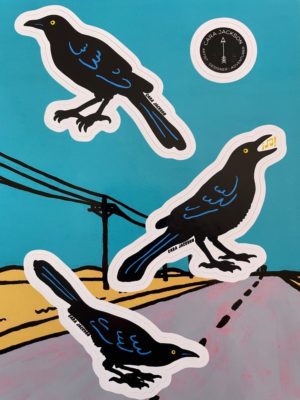 Three black bird stickers on a colorful background showing an open highway.