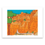 Bright orange cliffs or hoodoos with a tan hiking trail cutting through them.