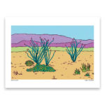 Colorful art print of ocotillos and cacti with mountains in the background.