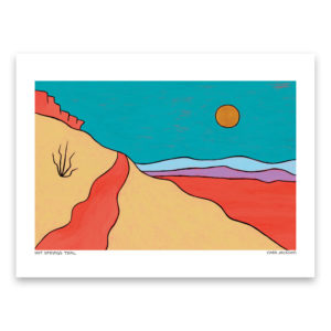 Colorful red cliffs over a tan hill with gold sun and purple mountains in the distance.