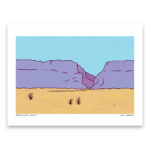 Art print of purple cliffs, blue sky, and tan ground, with ocotillo plants growing.