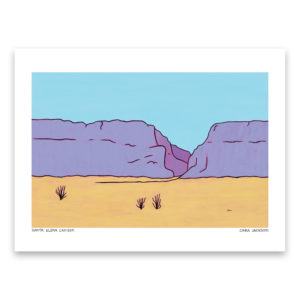 Art print of purple cliffs, blue sky, and tan ground, with ocotillo plants growing.