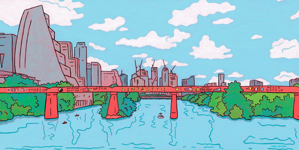 Painting of Austin's train bridge and downtown.