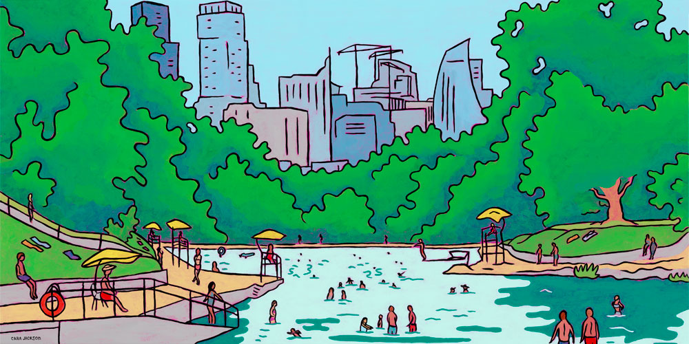 Painting of people swimming in a pool surrounded by trees, with downtown Austin in the background.