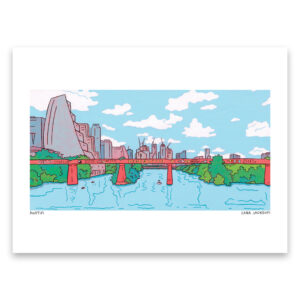 A colorful depiction of downtown Austin from the pedestrian bridge that crosses the river.