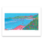 Salt Creek Beach art print with blue sky, green hills, palm trees, surfers, blue waves, and pink flowers in the foreground.