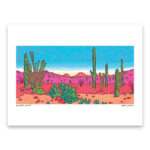 Colorful Sonoran Desert Art Print with blue sky, pink hills, and green saguaro cacti.