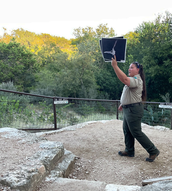 A park ranger holds up a photo of a bat.