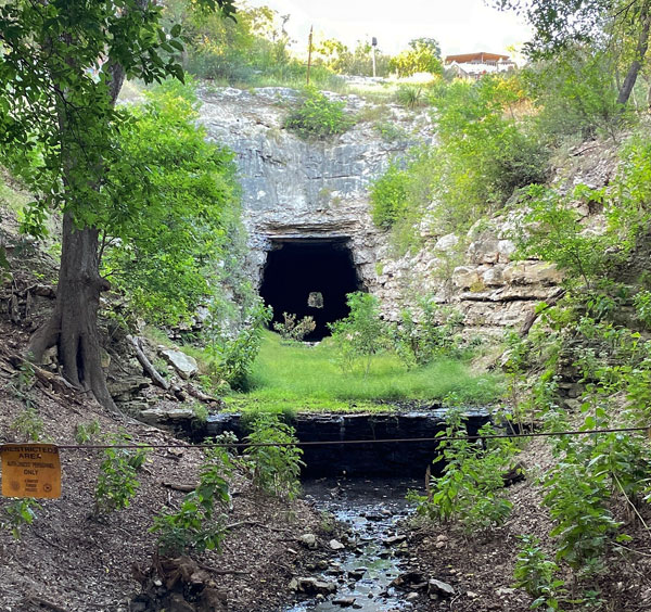A dark tunnel through a rocky cliff.