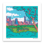 Colorful art of trees, grass, and downtown Austin, under a blue sky.