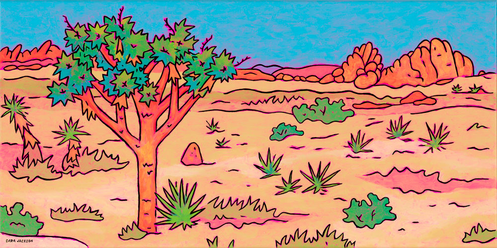 Bright, colorful painting of a Joshua Tree with yuccas and rounded rocks.