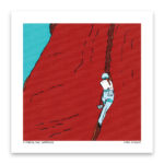 A colorful painting of a woman climbing a crack in a red rock with a blue sky.
