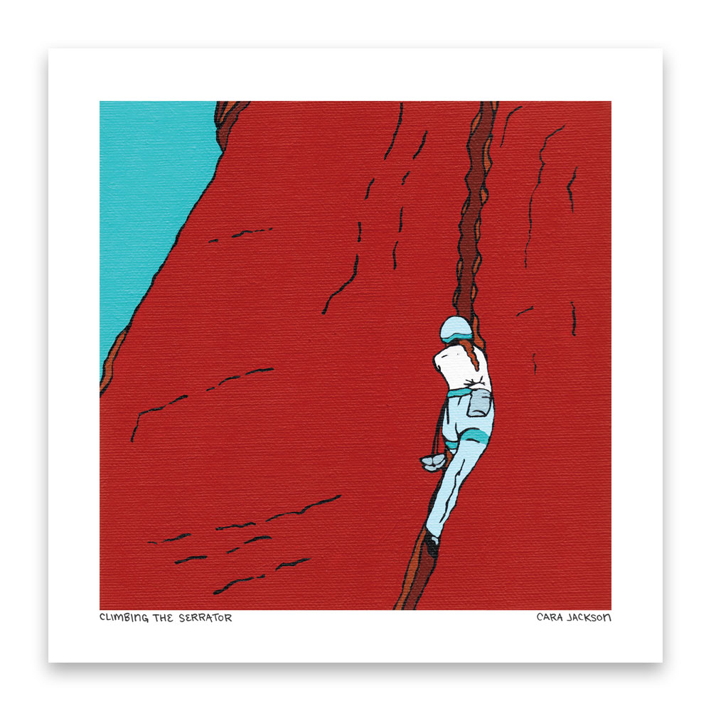 A colorful painting of a woman climbing a crack in a red rock with a blue sky.