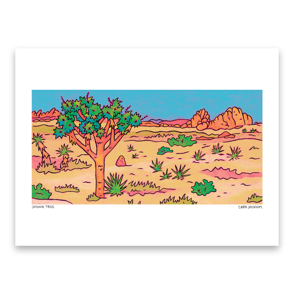Colorful painting of a joshua tree plant in a desert with rounded orange rocks in the background.
